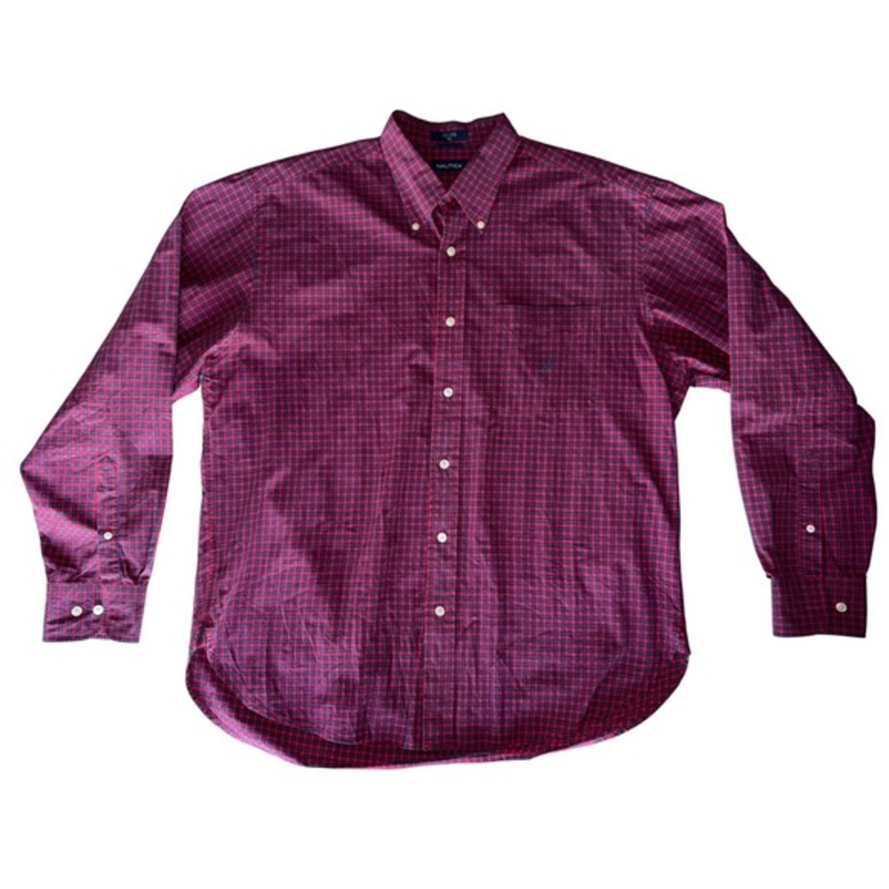 Nautica‎ Men's XL Red Navy Check Button Down Shirt 100% Cotton Classic Fit